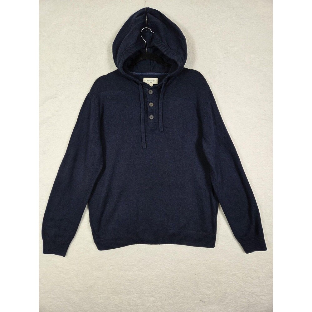 Hawker Rye Cotton‎ Cashmere Sweater Mens L Navy Blue Hooded Henley Knit Pullover